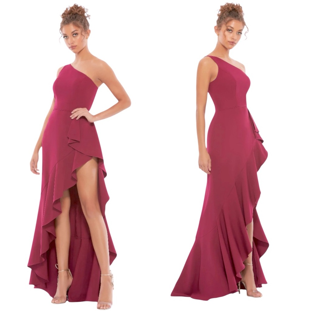 Ieena for Mac Duggal One Shoulder High Slit Ruffle Gown in Berry Size 6